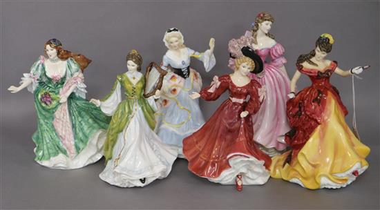 Six Royal Doulton: Scotland HN3629, Ireland HN3628, England HN3627 and Figure of the Year 1993 Patricia HN3365, 1996 Belle HN3703, 19